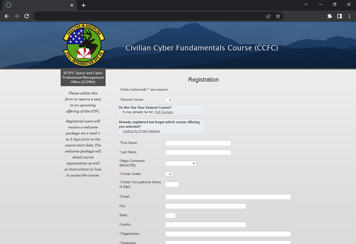course registration page blue