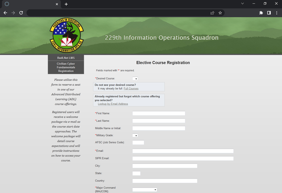 course registration page green